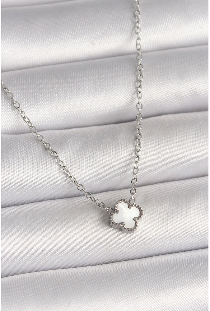 Shoecide 316l Çelik Gümüş Renk Beyaz Yonca Model Kadın Kolye