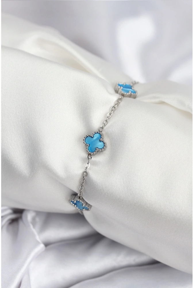 Shoecide 316l Çelik Gümüş Renk Buz Mavisi Baby Boy Yonca Kadın Bileklik