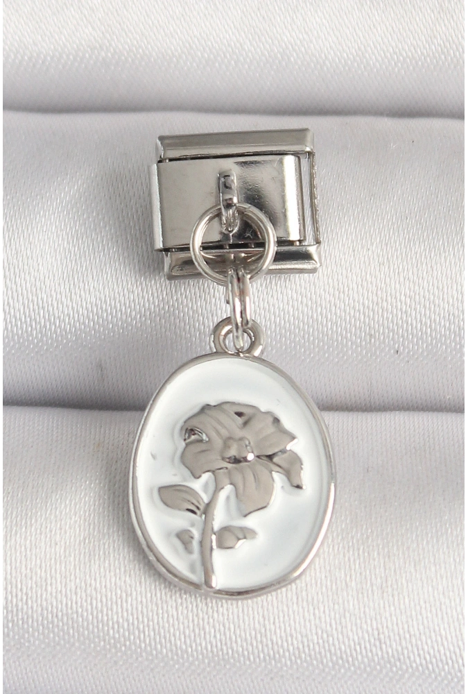 Shoecide 316l Çelik Gümüş Renk Çiçek İşlemeli Beyaz Portre Model Nomination Charm