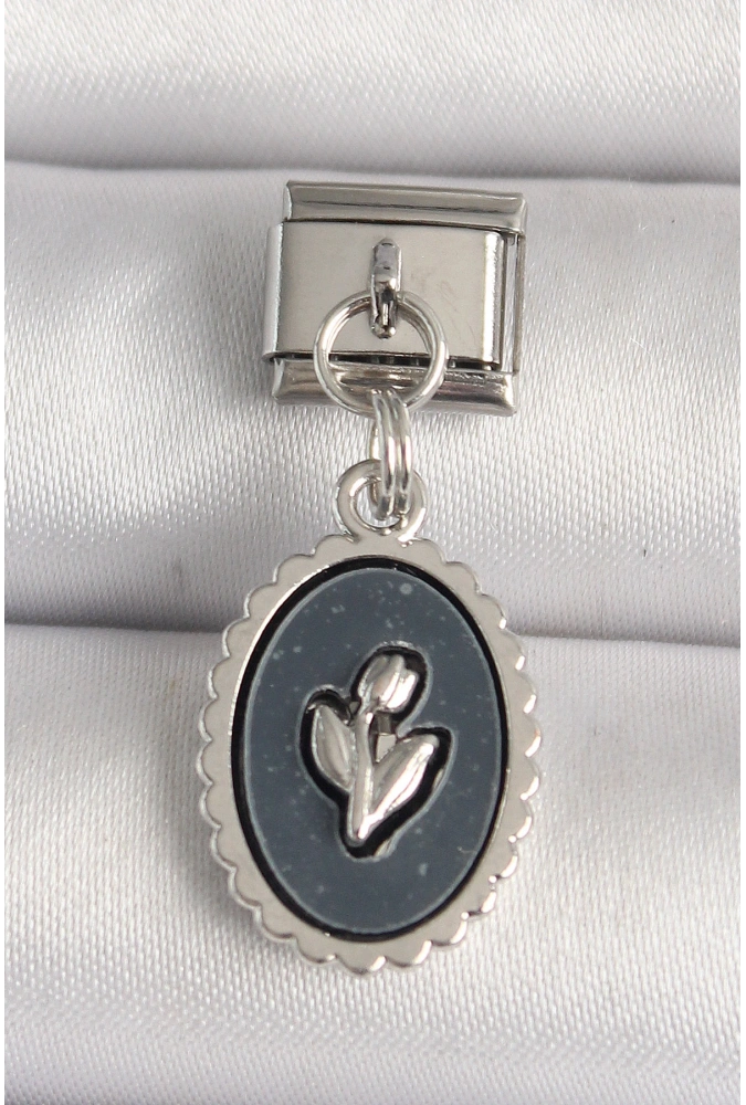 Shoecide 316l Çelik Gümüş Renk Çiçek İşlemeli Siyah Portre Model Nomination Charm