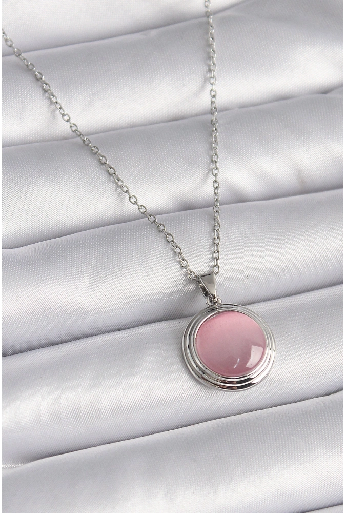 Shoecide 316l Çelik Gümüş Renk Daire Pembe Sedefli Model Kadın Kolye