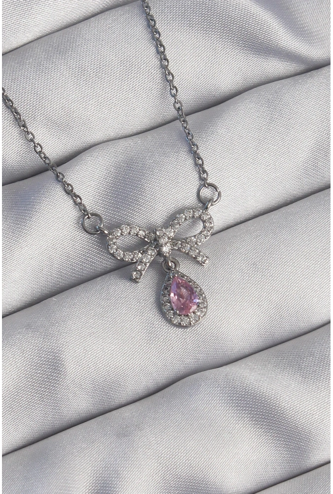 Shoecide 316l Çelik Gümüş Renk Fiyonk Detay Pembe Zirkon Taşlı Damla Kolye