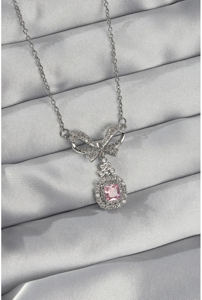 Shoecide 316l Çelik Gümüş Renk Fiyonk Detay Pembe Zirkon Taşlı Tektaş Kolye