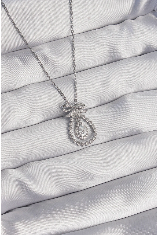 Shoecide 316l Çelik Gümüş Renk Fiyonk Detaylı Zirkon Taşlı Damla Model Kolye