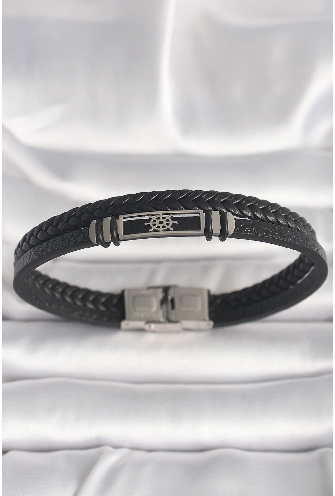 Shoecide 316l Çelik Gümüş Renk Gemi Dümeni Figür Siyah Burgu Deri Kordon Model Erkek Bileklik