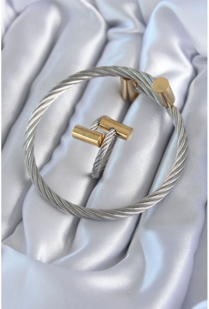 Shoecide 316l Çelik Gümüş Renk Gold Detay Sarmal Model Erkek Bileklik Yüzük Kombini