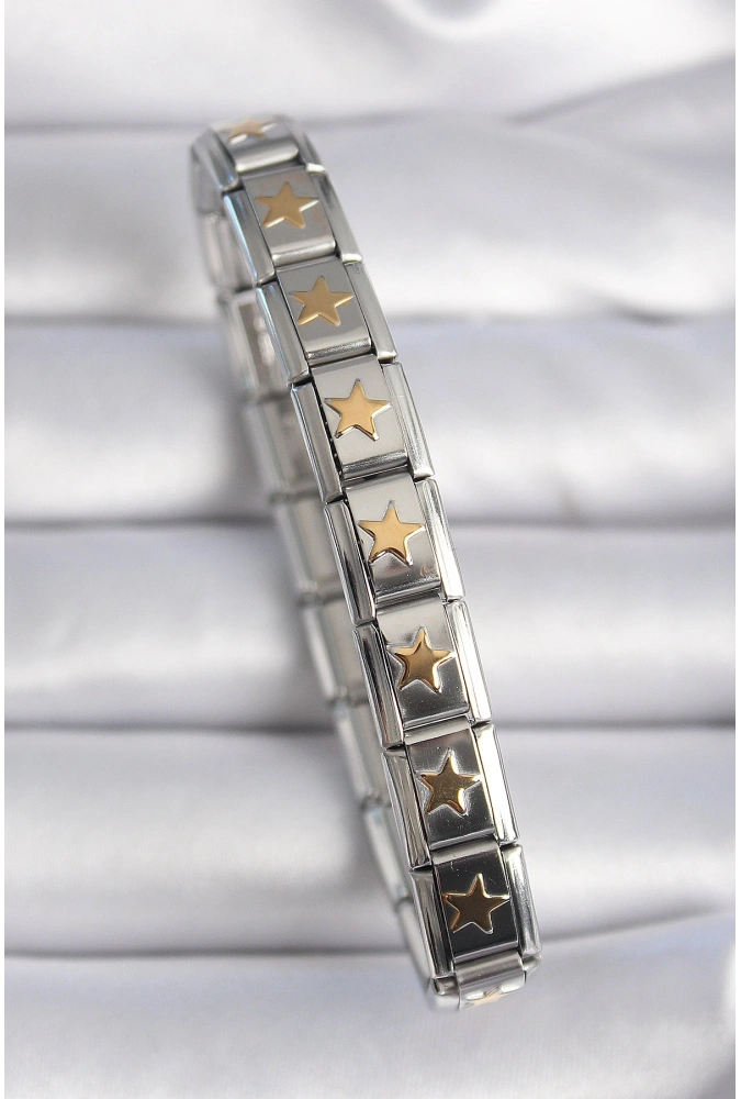 Shoecide 316l Çelik Gümüş Renk Gold Yıldız İşleme Nomination Charm Bileklik