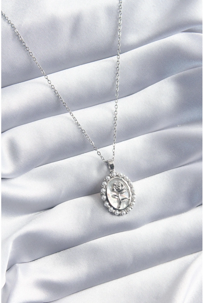 Shoecide 316l Çelik Gümüş Renk Gül Model İnci Detay Kadın Kolye