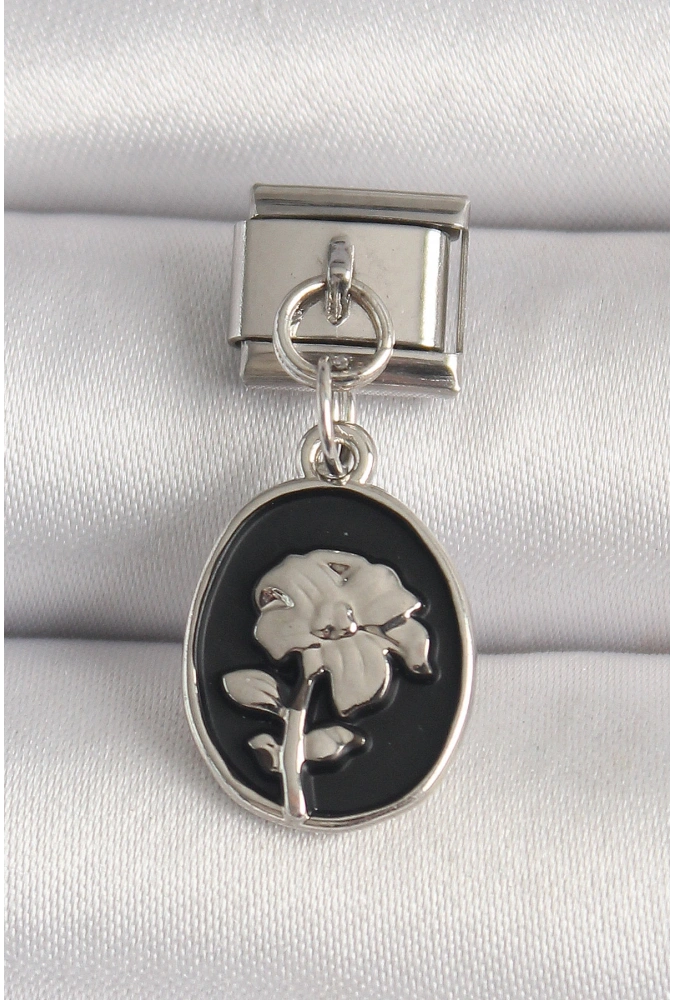 Shoecide 316l Çelik Gümüş Renk Gümüş Çiçek İşlemeli Siyah Portre Model Nomination Charm