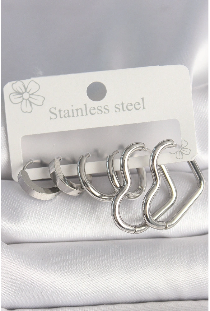 Shoecide 316l Çelik Gümüş Renk Halka Kalp Model Kadın Küpe Seti