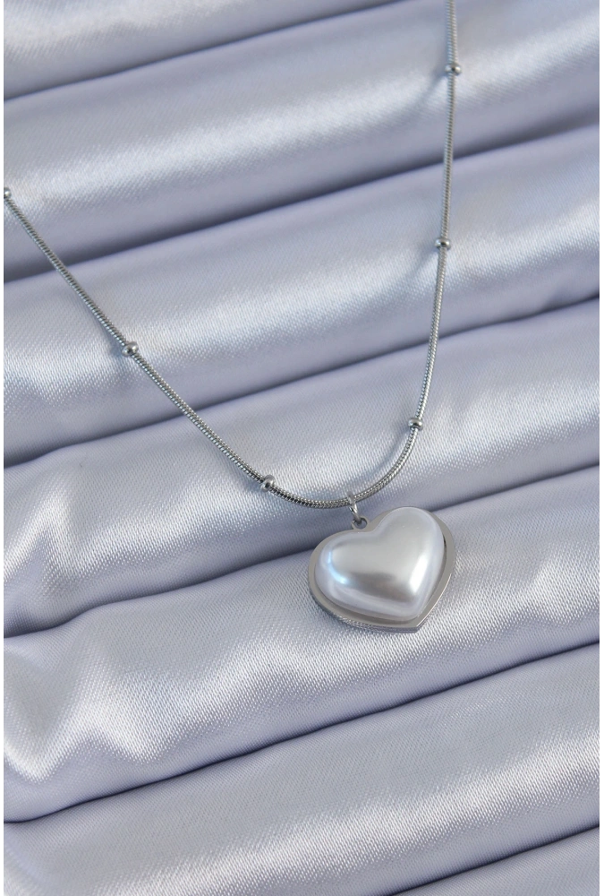 Shoecide 316l Çelik Gümüş Renk İncili Kalp Model Minimal Top Detay Kadın Kolye