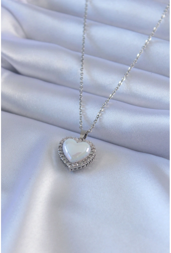 Shoecide 316l Çelik Gümüş Renk İncili Kalp Model Zirkon Taşlı Kadın Kolye