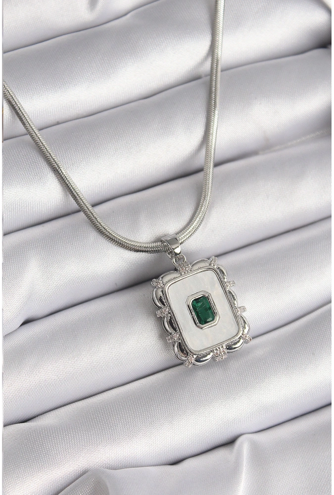 Shoecide 316l Çelik Gümüş Renk İtalyan Zincir Beyaz Sedefli Kare Portre Model Zümrüt Taş Detay Kadın Kolye