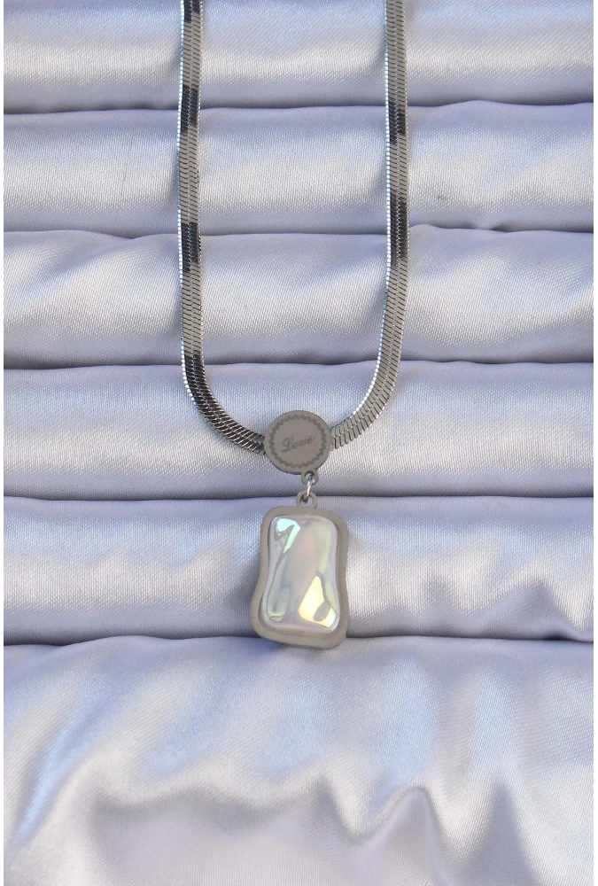 Shoecide 316l Çelik Gümüş Renk İtalyan Zincir Ezme Taşlı Kolye