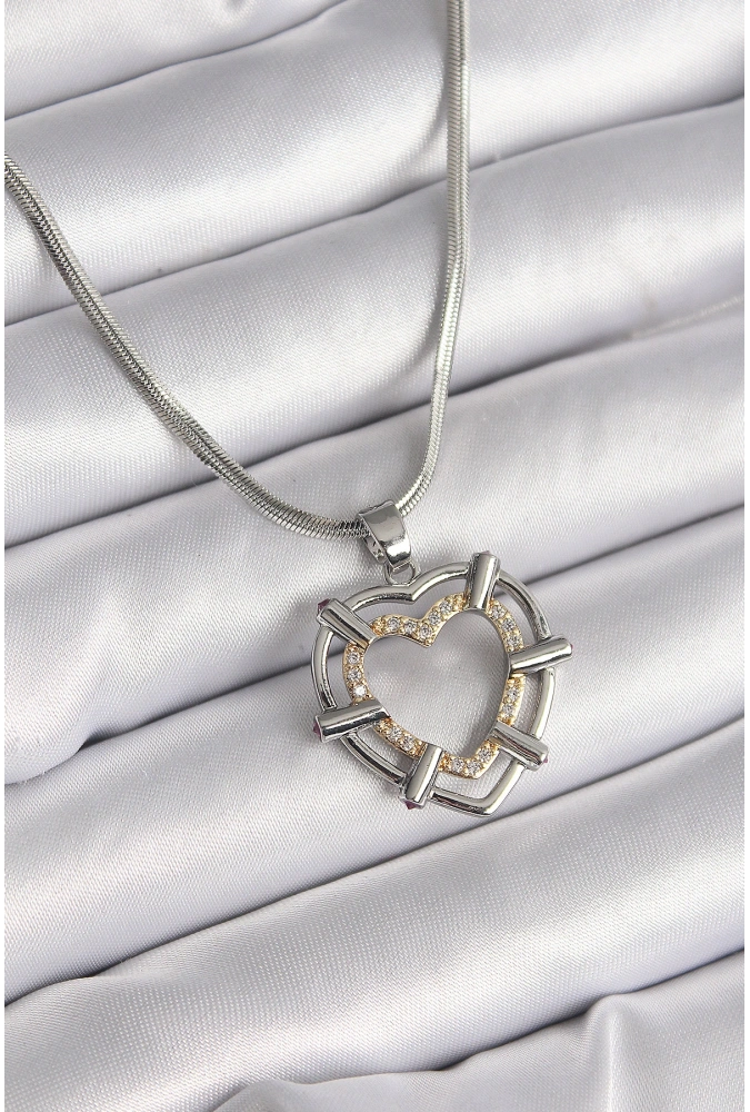Shoecide 316l Çelik Gümüş Renk İtalyan Zincir Mix Renk Zirkon Taş Detay Kalp Model Kadın Kolye
