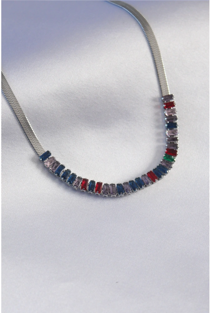 Shoecide 316l Çelik Gümüş Renk İtalyan Zincir Model Renkli Zirkon Taşlı Kadın Kolye