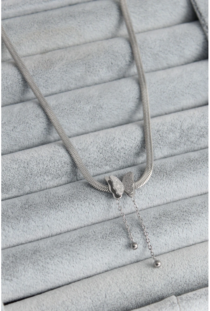 Shoecide 316l Çelik Gümüş Renk İtalyan Zincir Model Simli Kelebek Figür Kadın Kolye