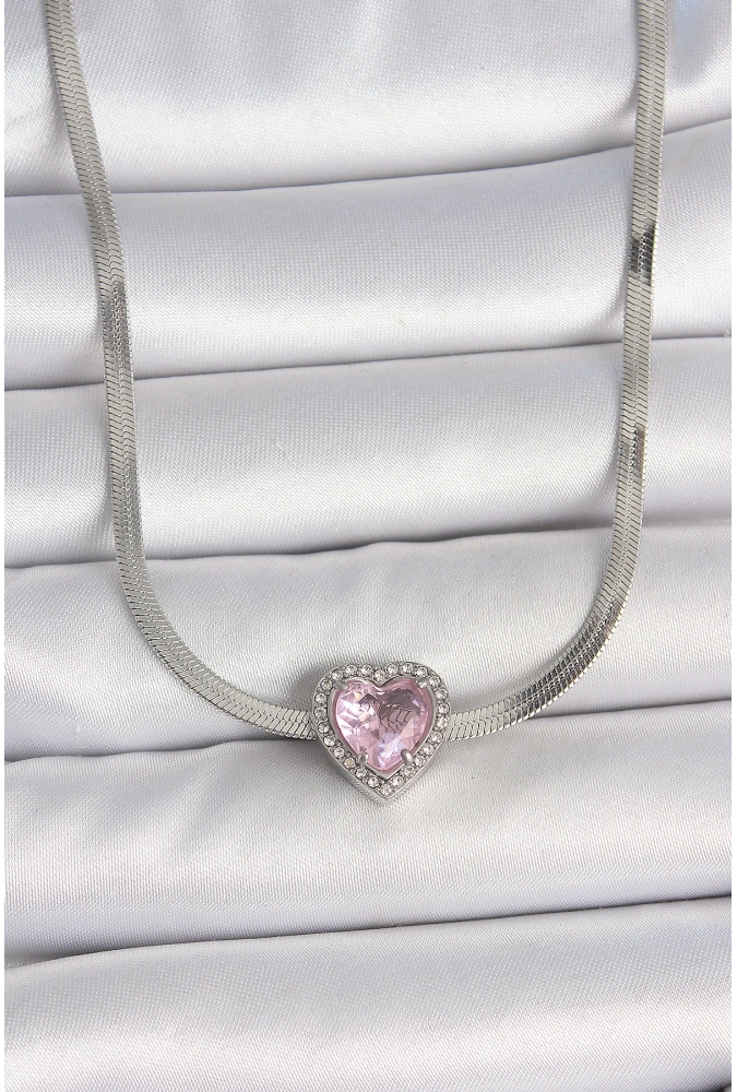 Shoecide 316l Çelik Gümüş Renk İtalyan Zincir Pembe Zirkon Taşlı Kalp Model Kadın Kolye