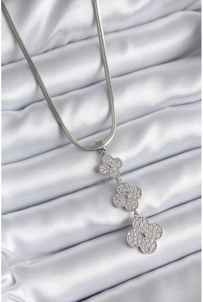 Shoecide 316l Çelik Gümüş Renk İtalyan Zincir Zirkon Taşı Yonca Model Kadın Kolye