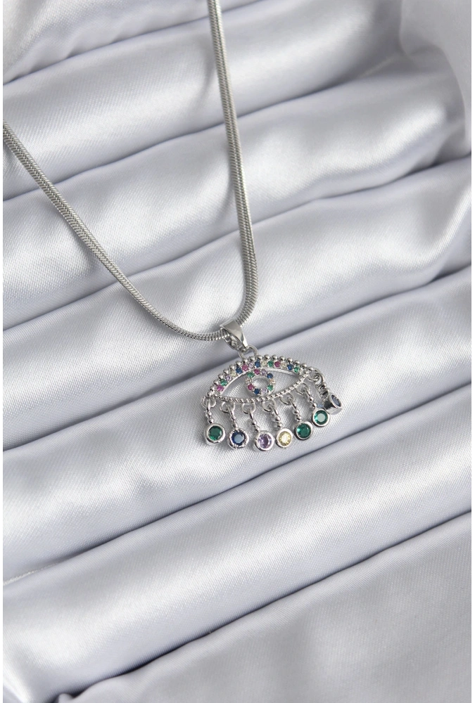 Shoecide 316l Çelik Gümüş Renk İtalyan Zincir Zirkon Taşlı Göz Figür Kadın Kolye