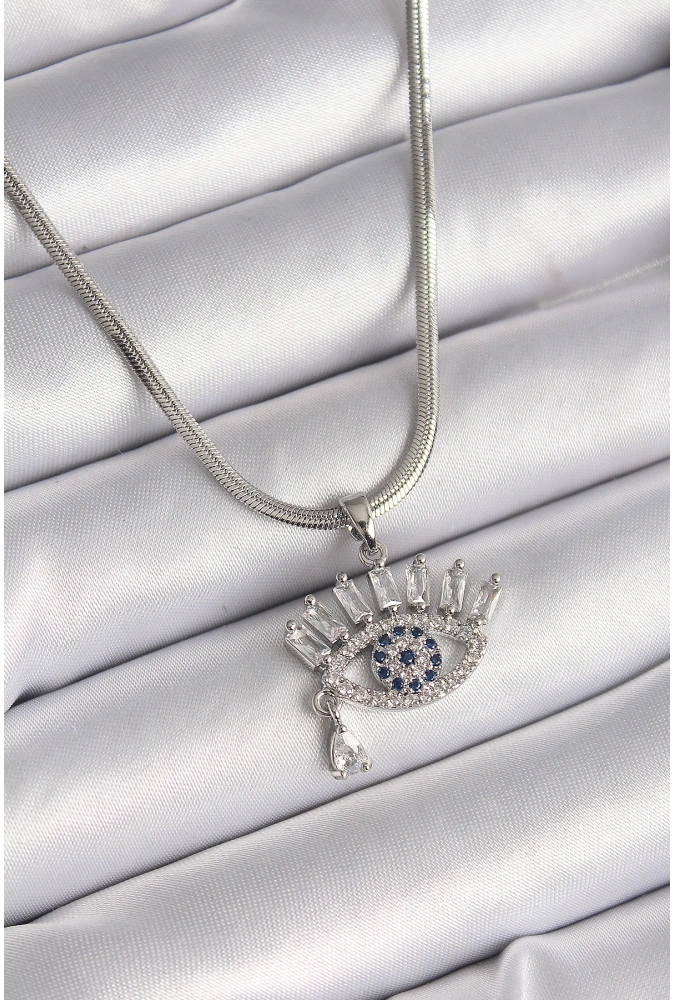 Shoecide 316l Çelik Gümüş Renk İtalyan Zincir Zirkon Taşlı Göz Model Kadın Kolye