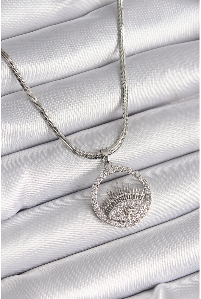 Shoecide 316l Çelik Gümüş Renk İtalyan Zincir Zirkon Taşlı Göz Model Kadın Kolye