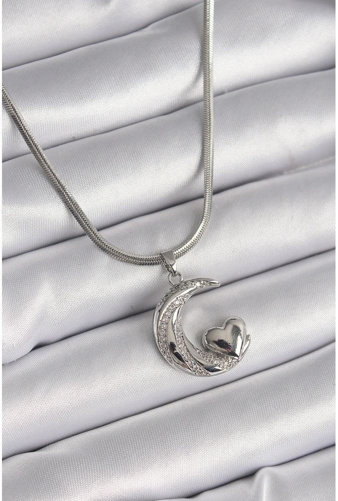 Shoecide 316l Çelik Gümüş Renk İtalyan Zincir Zirkon Taşlı Halil Figür Kalp Detay Kadın Kolye