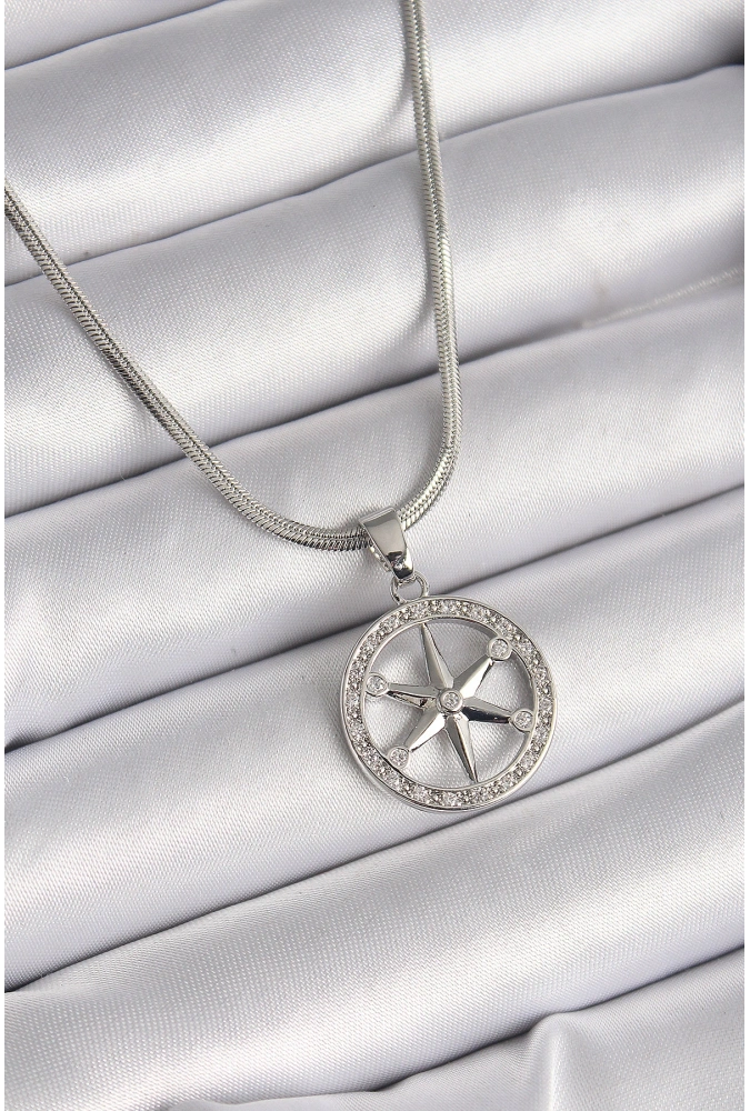 Shoecide 316l Çelik Gümüş Renk İtalyan Zincir Zirkon Taşlı Kutup Yıldız Model Kadın Kolye