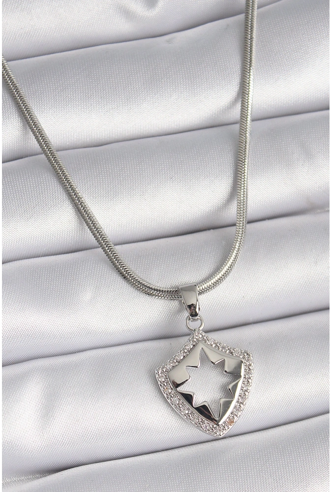 Shoecide 316l Çelik Gümüş Renk İtalyan Zincir Zirkon Taşlı Kutup Yıldızı İşleme Model Kadın Kolye