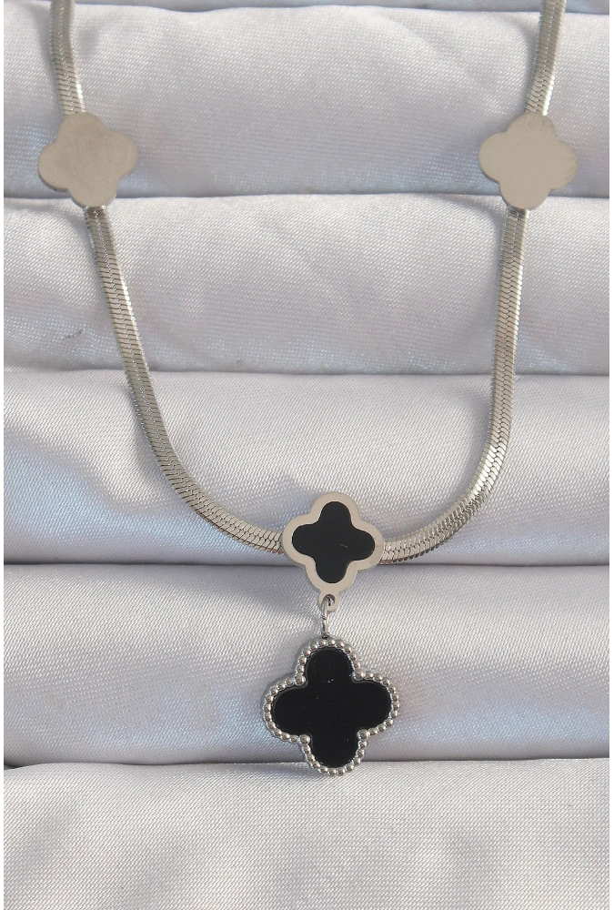 Shoecide 316l Çelik Gümüş Renk İtalyan Zincirli Mineli Yonca Kolye