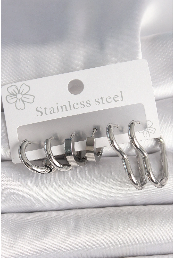 Shoecide 316l Çelik Gümüş Renk Kalp Halka Model Kadın Küpe Seti