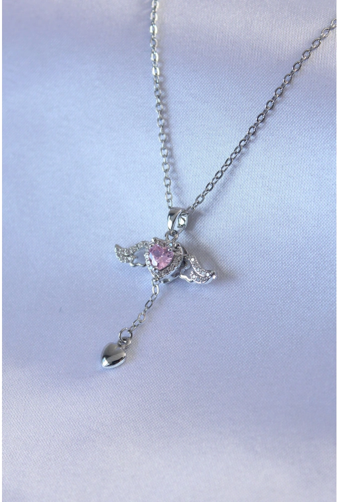 Shoecide 316l Çelik Gümüş Renk Kanatlı Kalp Figür Zirkon Taş Detay Kadın Kolye