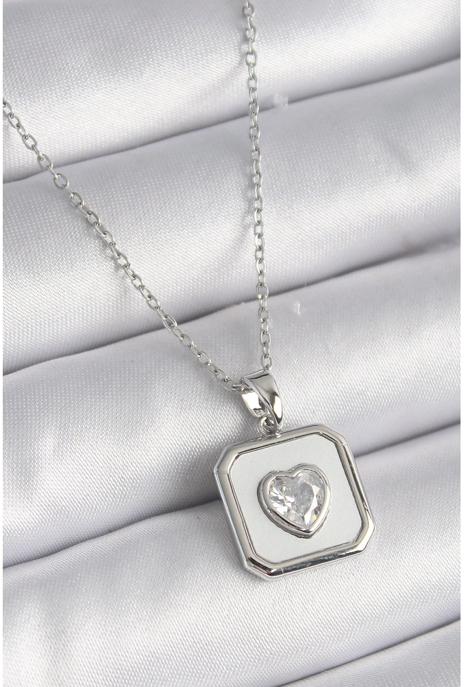 Shoecide 316l Çelik Gümüş Renk Kare Madalyon Kalp Zirkon Taş İşleme Kadın Kolye