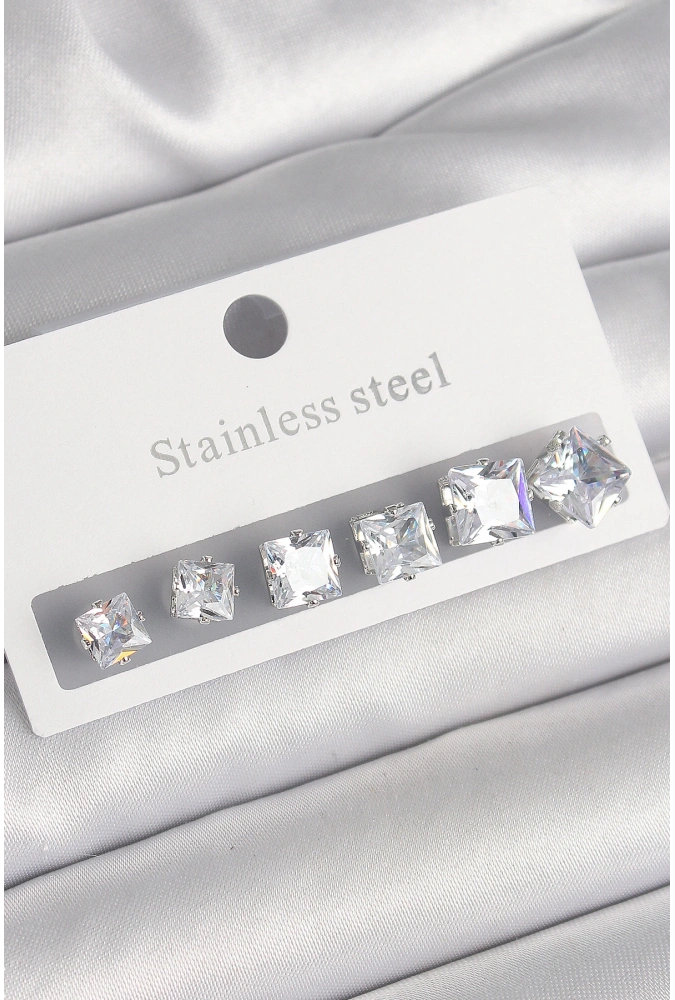 Shoecide 316l Çelik Gümüş Renk Kare Zirkon Taşlı Kadın Küpe Seti