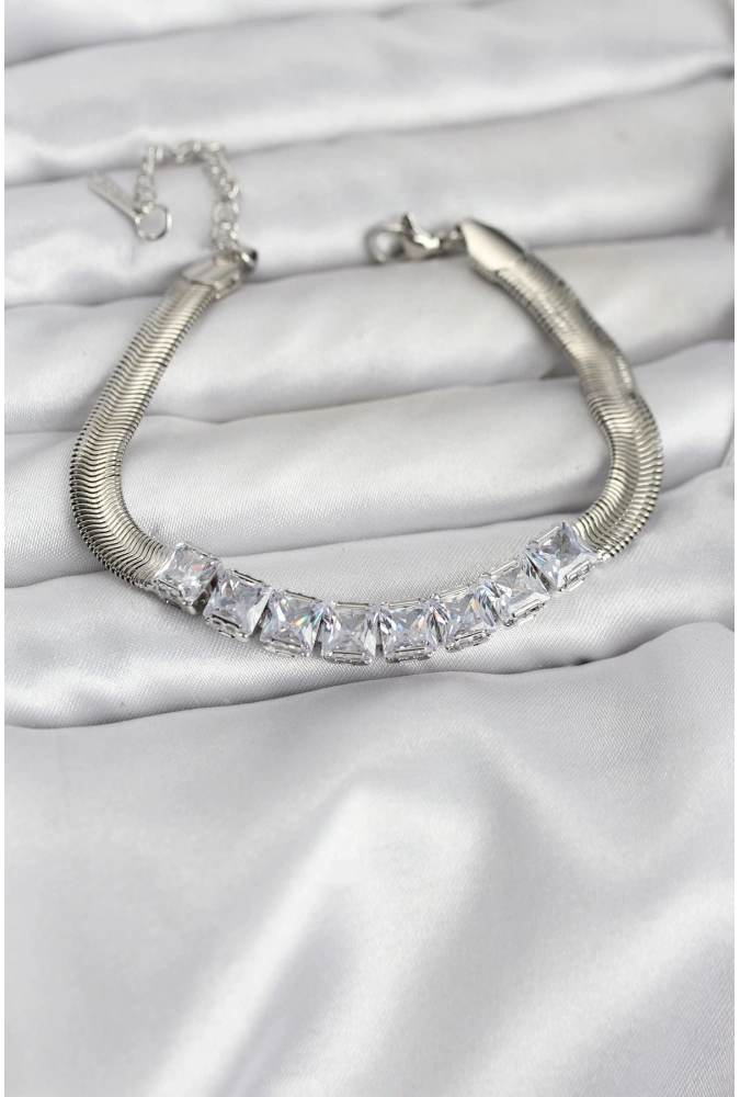 Shoecide 316l Çelik Gümüş Renk Kare Zirkon Taşlı Yılan Zincirli Kadın Bileklik