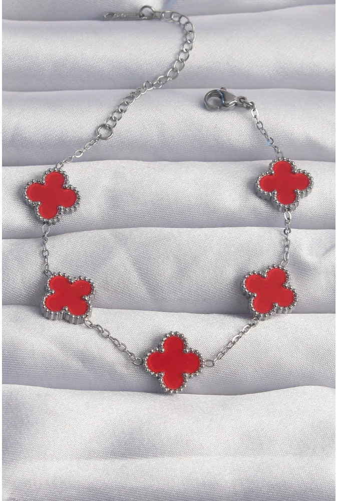 Shoecide 316l Çelik Gümüş Renk Kırmızı Mineli Yonca Bileklik