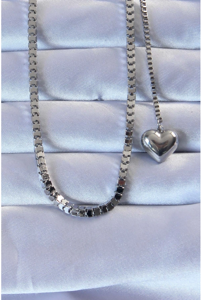 Shoecide 316l Çelik Gümüş Renk Küp Zincirli Kalpli Kolye