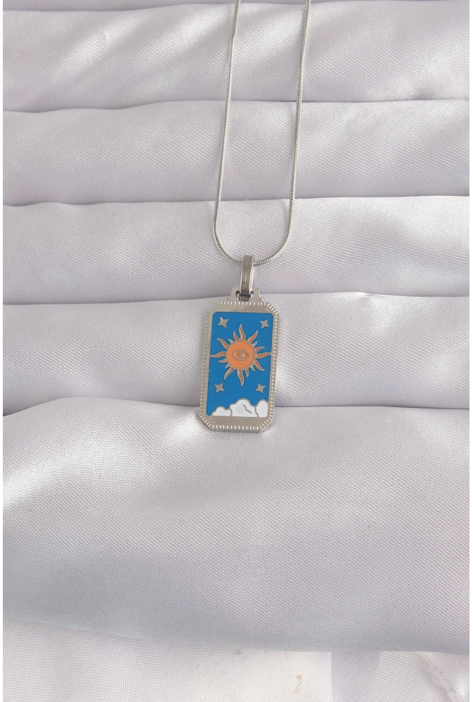 Shoecide 316l Çelik Gümüş Renk Mavi Mineli Güneş Model Tarot Kolye