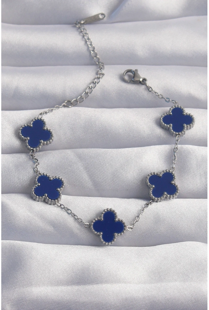 Shoecide 316l Çelik Gümüş Renk Mavi Mineli Yonca Bileklik