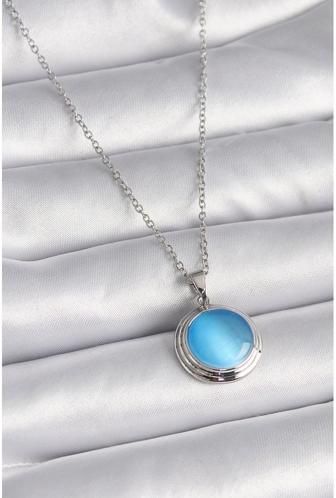 Shoecide 316l Çelik Gümüş Renk Mavi Sedefli Daire Model Kadın Kolye