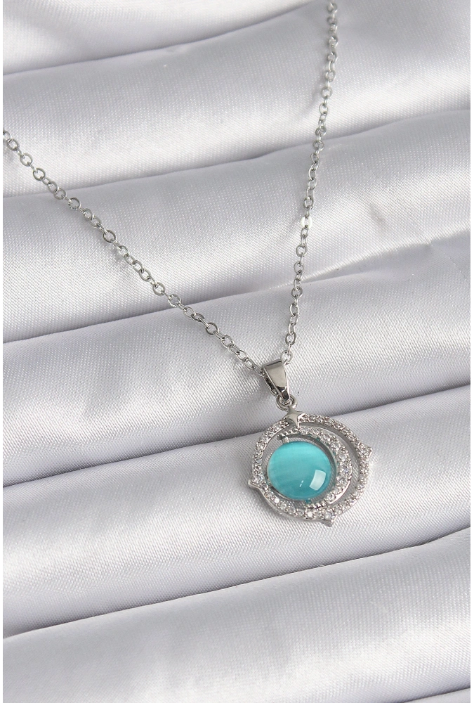 Shoecide 316l Çelik Gümüş Renk Mavi Sedefli Hilal Model Kadın Kolye