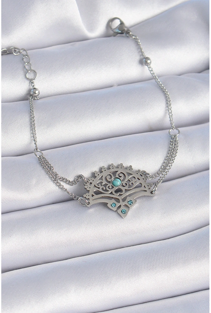 Shoecide 316l Çelik Gümüş Renk Mavi Taşlı Etnik Desen Kadın Bileklik