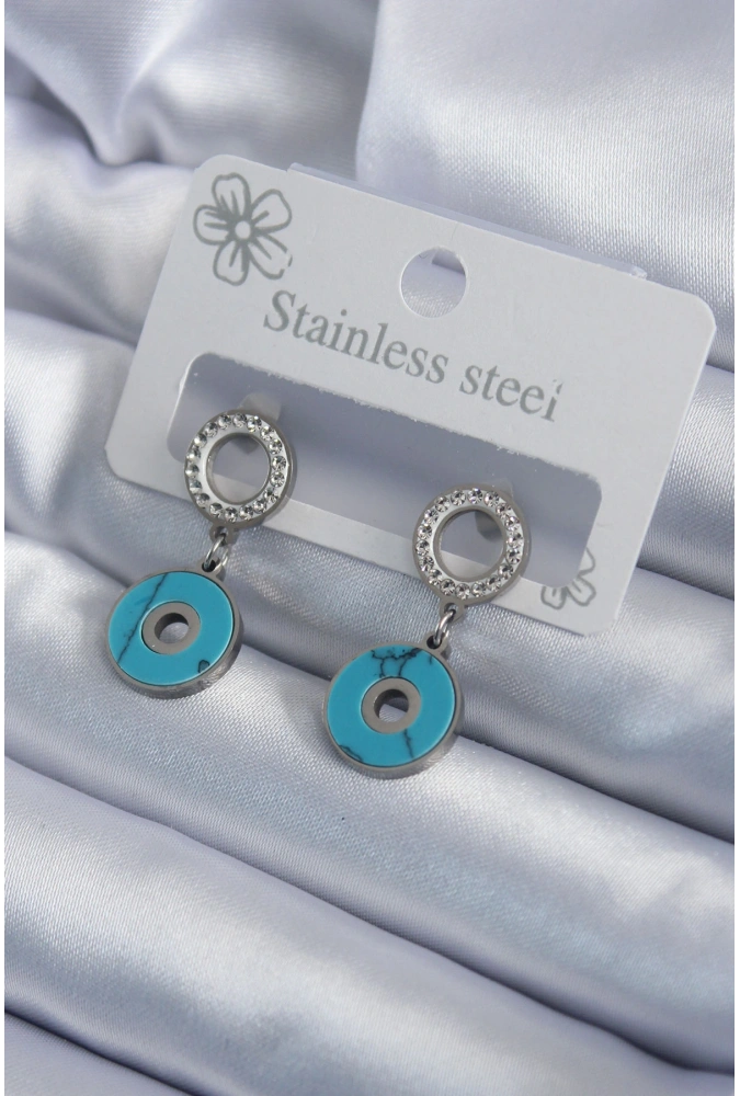 Shoecide 316l Çelik Gümüş Renk Mavi Taşlı Zirkon Taşlı Kadın Küpe