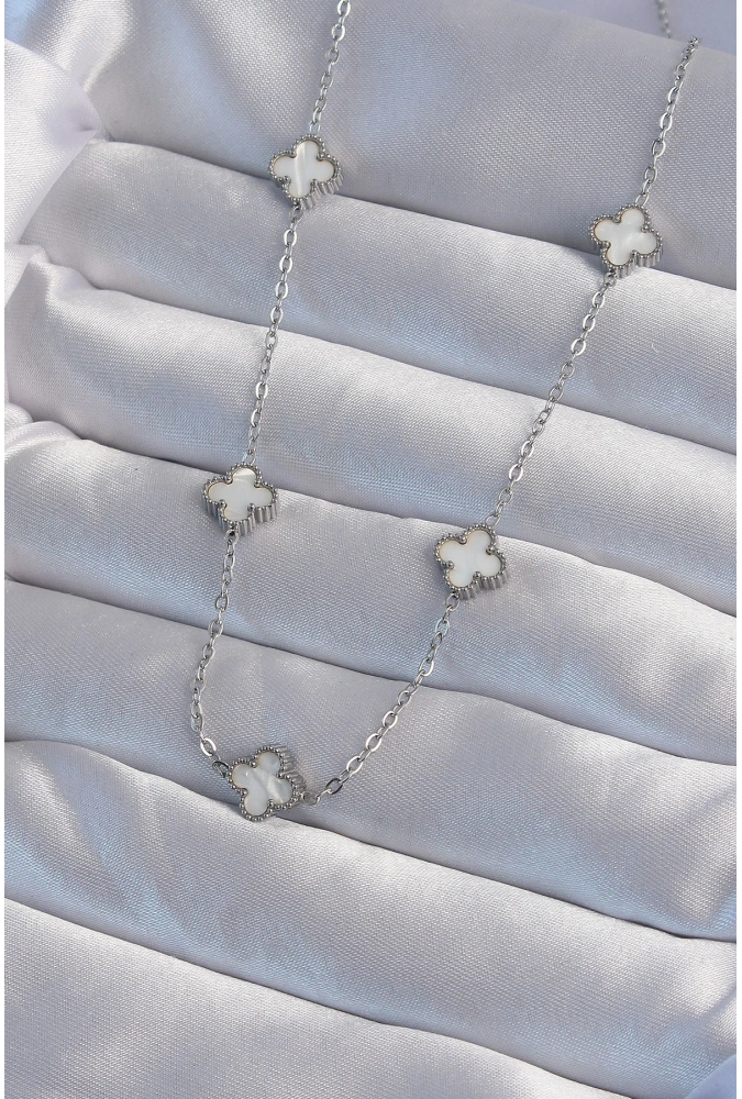 Shoecide 316l Çelik Gümüş Renk Minimal Beyaz Sedefli Yonca Kolye