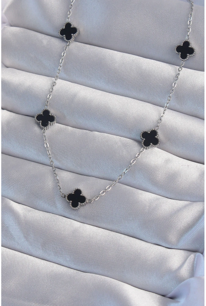 Shoecide 316l Çelik Gümüş Renk Minimal Siyah Mineli Yonca Kolye