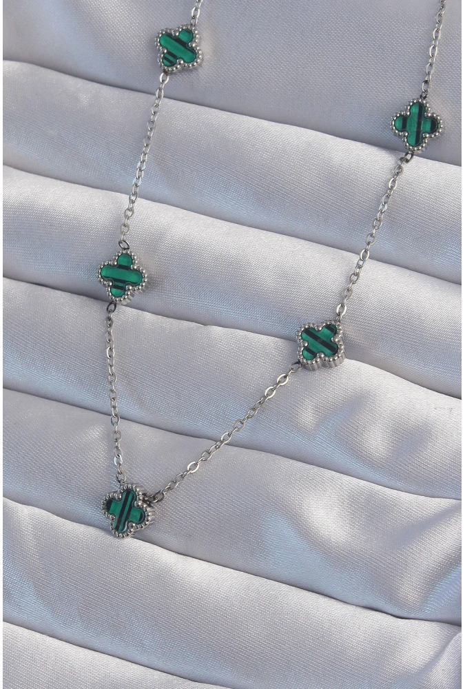 Shoecide 316l Çelik Gümüş Renk Minimal Yeşil Mineli Yonca Kolye