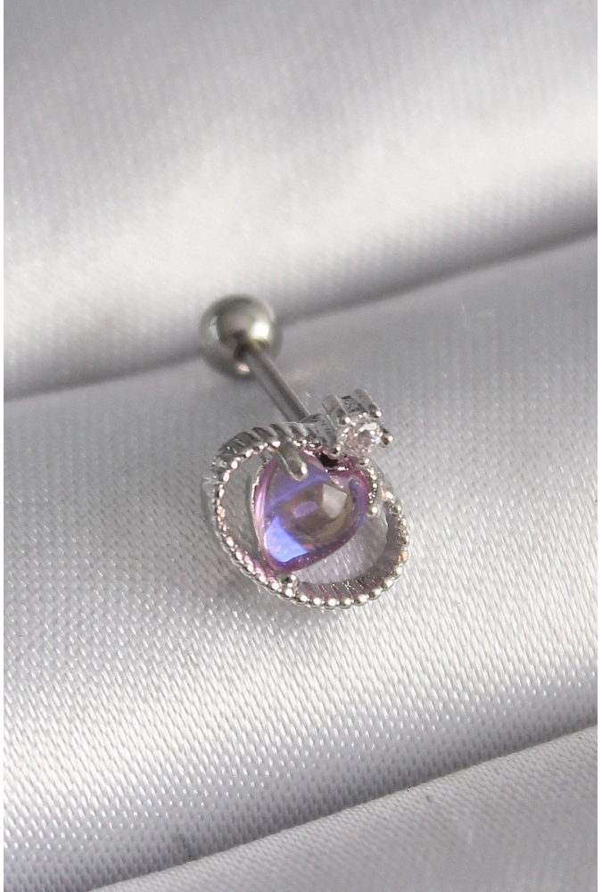 Shoecide 316l Çelik Gümüş Renk Mor Mineli Kalp Zirkon Taş Detay Tragus Piercing
