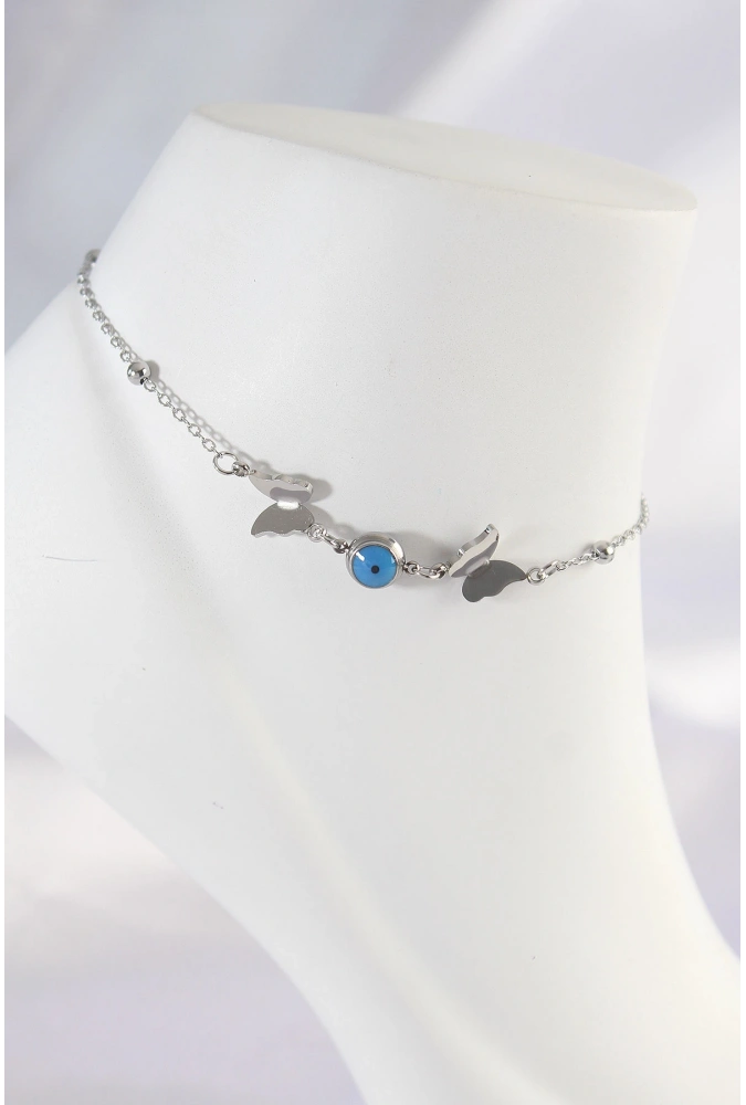 Shoecide 316l Çelik Gümüş Renk Nazar Boncuk Detay Kelebek Halhal