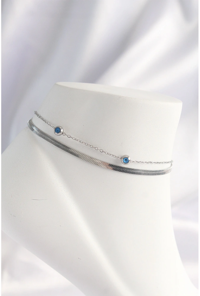 Shoecide 316l Çelik Gümüş Renk Nazar Boncuk Tasarımlı 2li Halhal