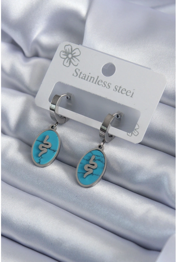 Shoecide 316l Çelik Gümüş Renk Oval Mavi Taşlı Yılan Figür Kadın Küpe